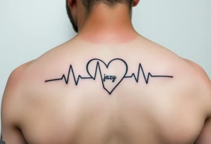 upper arm tattoo -faded heart beat outline for a deceased best friend with the name Jazy incorporated tattoo idea