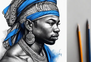 ogun guerreiro africano realista em preto e cinza com tons de azul
 no fudo tattoo idea