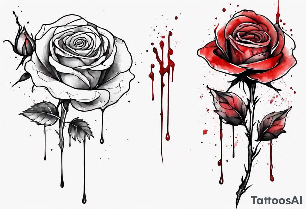 rose flower, one line, red blood dripping from the flower, tall, watercolor tattoo idea