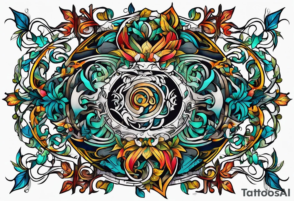 Bold geometric tapestry trident vines in colour on arm tattoo idea