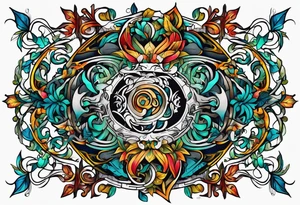 Bold geometric tapestry trident vines in colour on arm tattoo idea