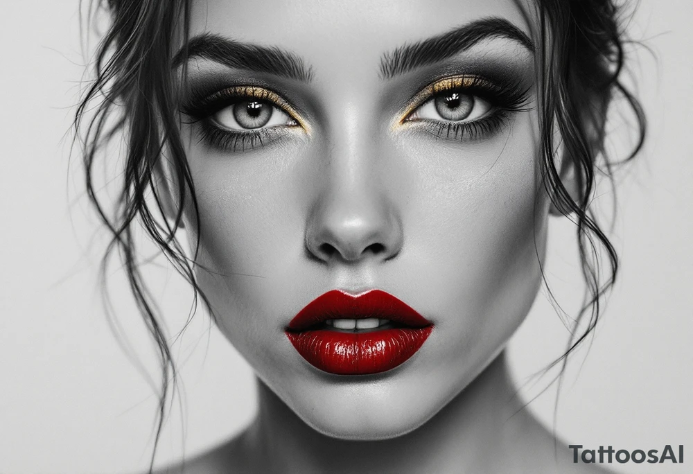 Realistic close-up of her face in grayscale with vivid red lips and golden eyeshadow. tattoo idea