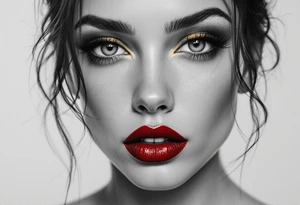 Realistic close-up of her face in grayscale with vivid red lips and golden eyeshadow. tattoo idea
