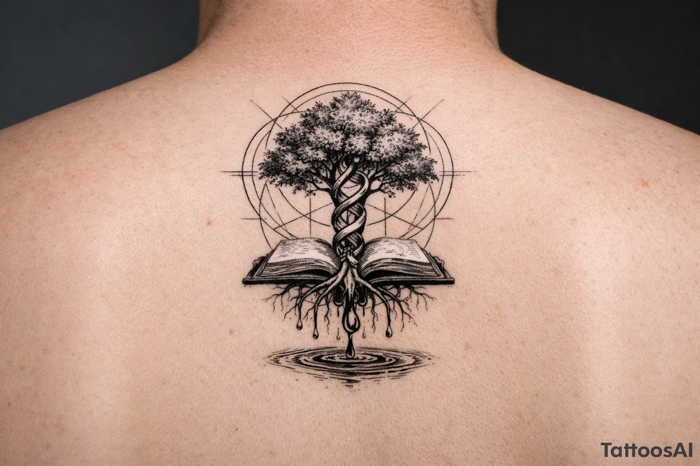 tree with dna spiral for trunk, roots sprouting from an open book, water dripping from roots into a puddle, and geometric circles surrounding design tattoo idea