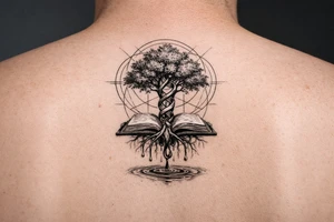 tree with dna spiral for trunk, roots sprouting from an open book, water dripping from roots into a puddle, and geometric circles surrounding design tattoo idea