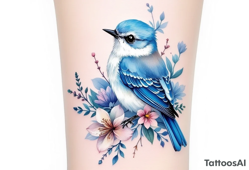 Puffy bluebird surrounded by wild flowers tattoo idea