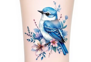 Puffy bluebird surrounded by wild flowers tattoo idea