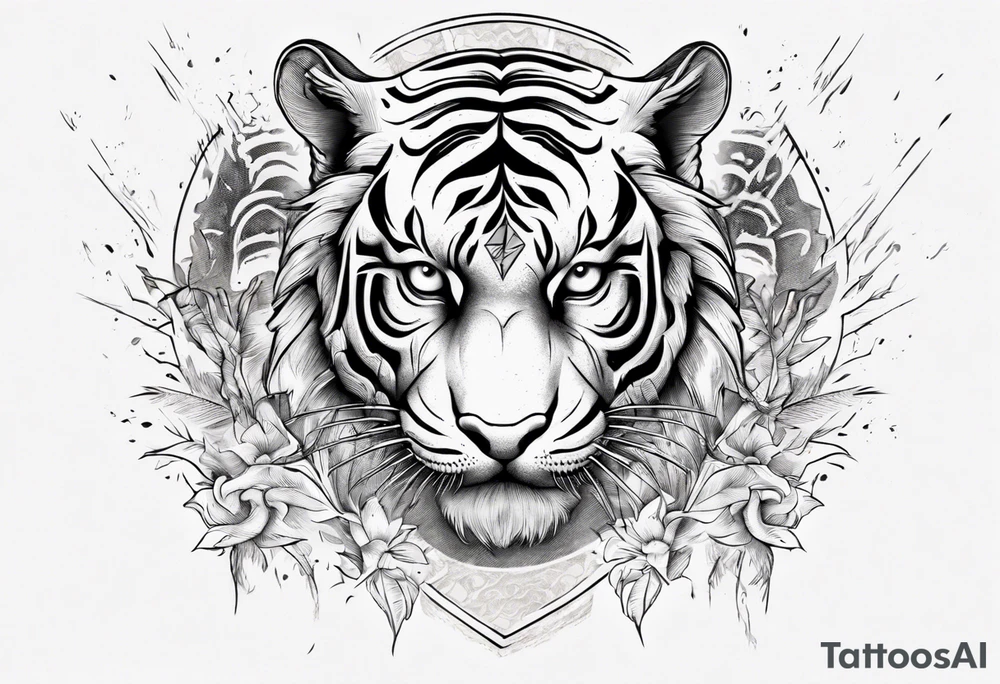 Ancient tiger with lightning and a sun for a forearm sleeve. With patterns surrounding it tattoo idea