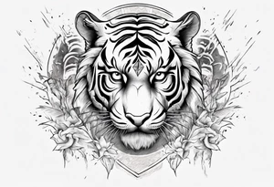 Ancient tiger with lightning and a sun for a forearm sleeve. With patterns surrounding it tattoo idea