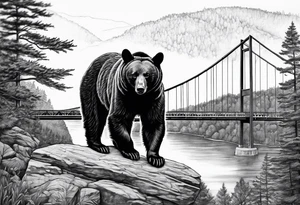 Large thigh tattoo, realism, black and white, black bear with the new river gorge bridge in the background tattoo idea