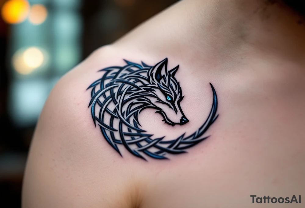 Celtic Wolf Spiral Design – A circular spiral made of a wolf’s body formed from black knot lines, interwoven with hints of blue and silver. tattoo idea