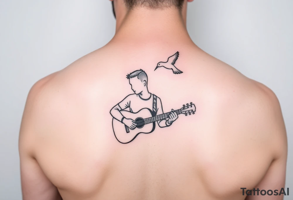 Person playing guitar with top half of head off and a bird flying out of head tattoo idea
