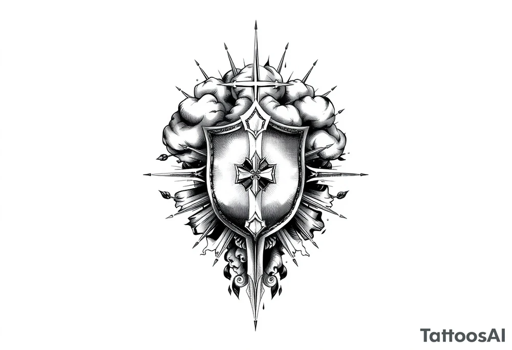 Half sleeve. powerful, cloud, shield, cross, sun rays tattoo idea Half sleeve. powerful, cloud, shield, cross, sun rays tattoo idea