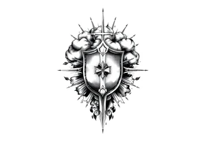 Half sleeve. powerful, cloud, shield, cross, sun rays tattoo idea