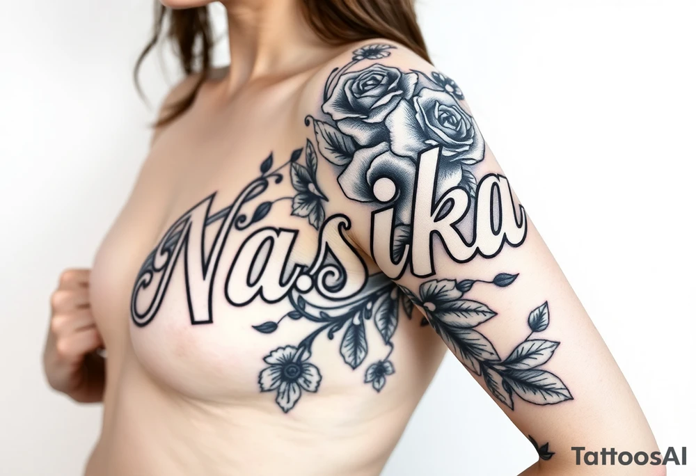 the word Nashika with roses tattoo idea