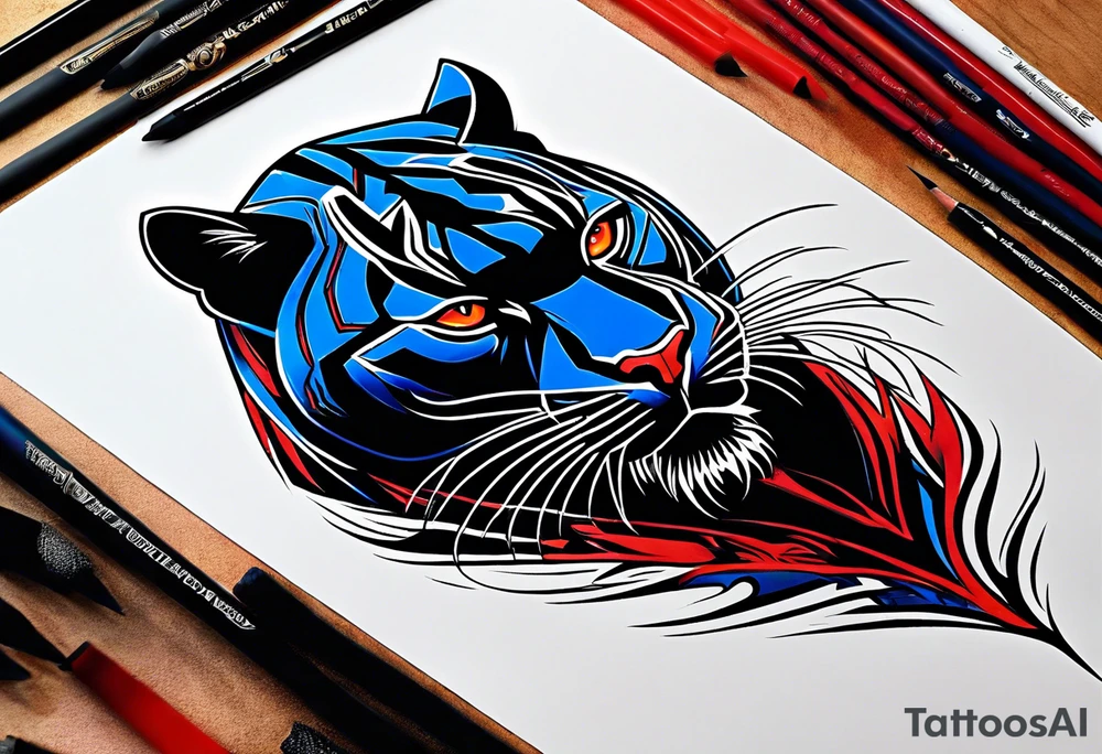 unique black panther tattoo, dynamic pose, showcasing its strength and grace, striking red eyes, intense and captivating elements, artistic flair, blending realism with abstract elements tattoo idea