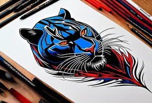 unique black panther tattoo, dynamic pose, showcasing its strength and grace, striking red eyes, intense and captivating elements, artistic flair, blending realism with abstract elements tattoo idea