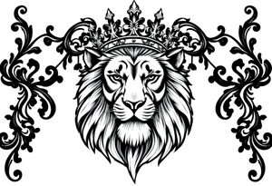 majestic lion wearing ornate crown, surrounded by baroque flourishes tattoo idea