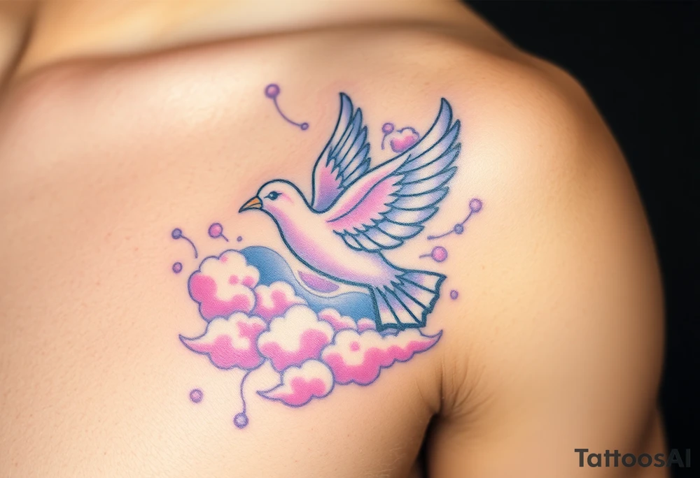 A dove surrounded by ethereal cloud-like mist, in shades of soft lavender, pale pink, and white, evoking a dreamlike and peaceful atmosphere tattoo idea