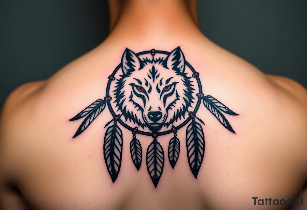 A symmetrical tribal wolf head inside a dreamcatcher, with feather patterns forming geometric shapes around it. The design is rendered in black ink with accents of red for the eyes and white in the feathers tattoo idea