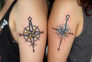 One wears a compass pointing north in black and gold, the other a compass pointing south in silver and blue, symbolizing guidance and connection. tattoo idea