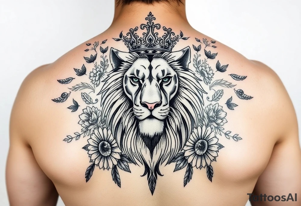 powerful majestic lion with a crown, surrounded by floral ornaments and birds tattoo idea