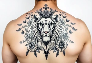 powerful majestic lion with a crown, surrounded by floral ornaments and birds tattoo idea