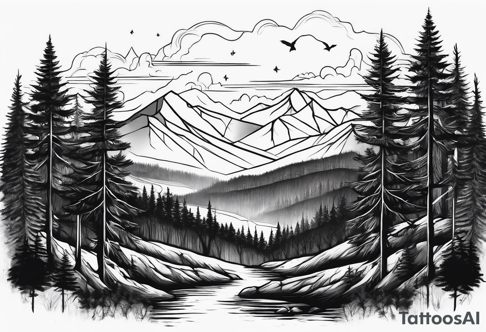 forest along the edges where there are fires below and in the distance with full trees tattoo idea
