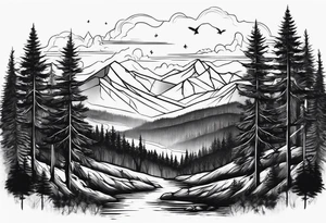 forest along the edges where there are fires below and in the distance with full trees tattoo idea