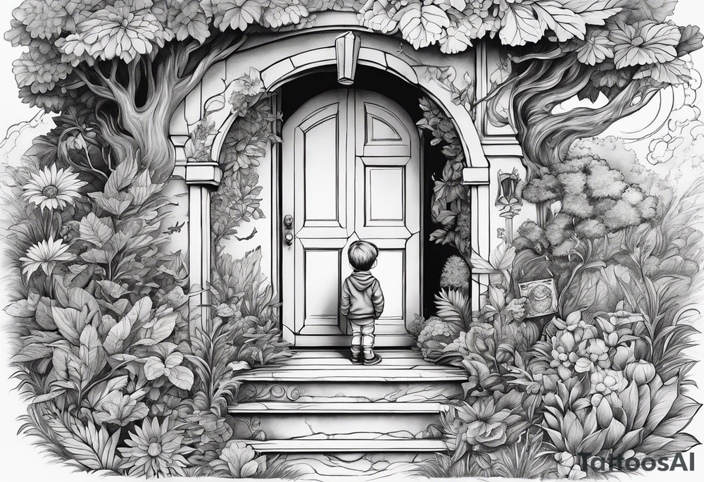 a small boy peeking into a doorway
 leading to a fantasy world filled with nature tattoo idea