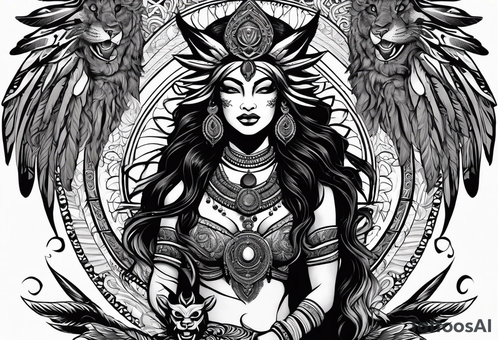 black kali, goddess pirate, alien, angel, pachamama, valkrye, warrior, flying, skull, lotus azul, wing, eagle, zenza resonance, stars, 5D, anahata chakra, death, durga, riding on a tiger, flying lady, kundalini, chest tatoo, samuri, rebel tattoo idea