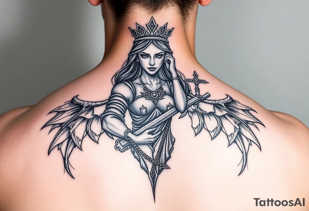 la figura de la dama de la justicia le suben por su cuerpo dos escorpiones tattoo idea