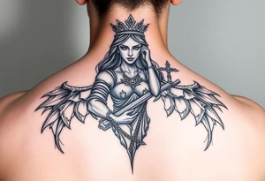 la figura de la dama de la justicia le suben por su cuerpo dos escorpiones tattoo idea