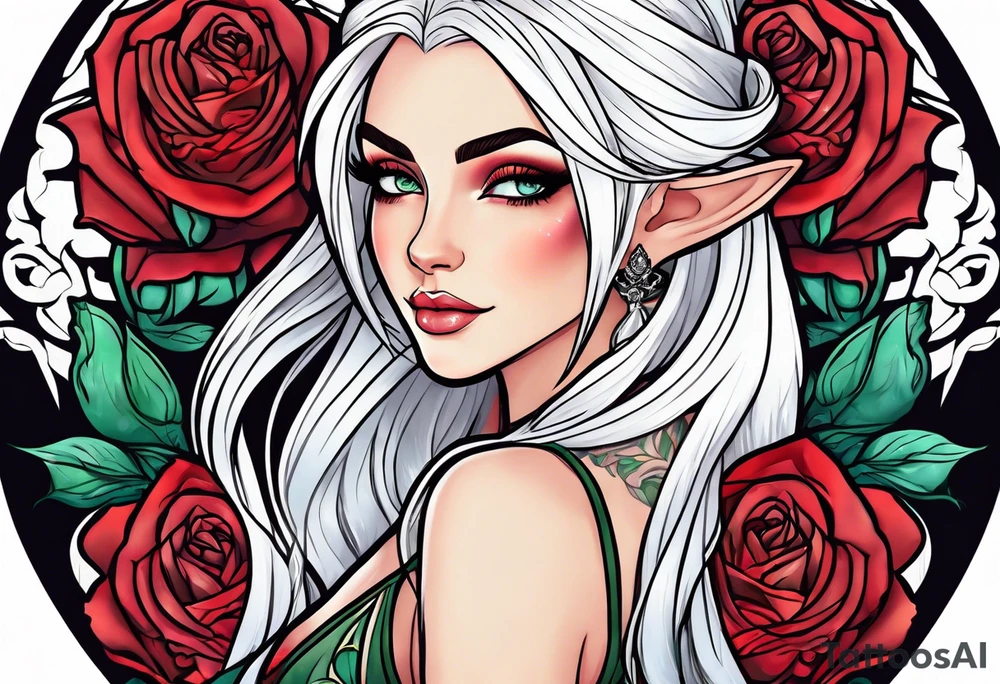 elf princess with white hair, roses, and tattoos under her eyes tattoo idea