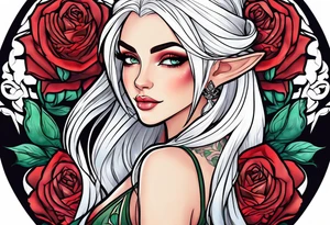 elf princess with white hair, roses, and tattoos under her eyes tattoo idea