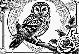 Barred owl and a rose with writing “but the greatest of these is love” tattoo idea