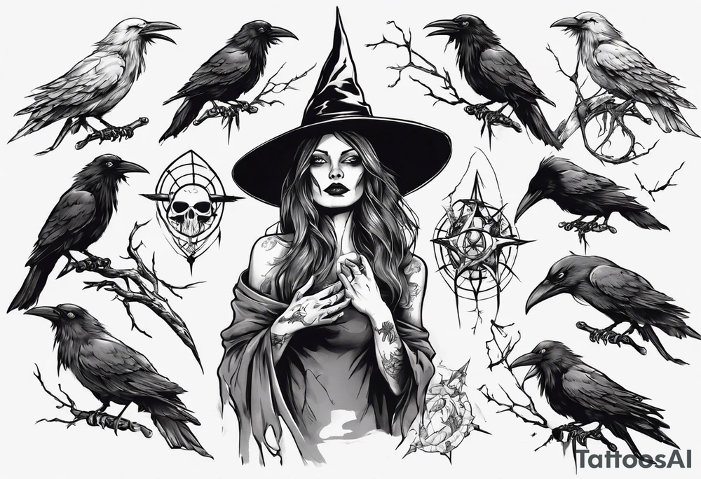witch with crows tattoo idea