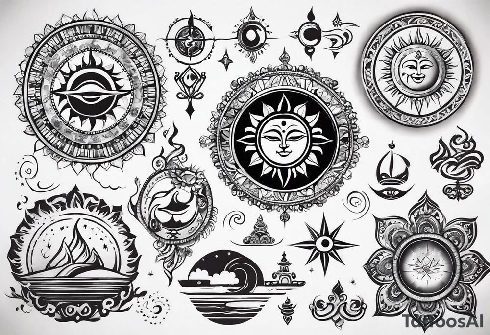 incorporating symbols of travel like a compass or a world map, alongside imagery that represents joy and happiness, such as a smiling sun or playful clouds? These elements can complement Lord Shiva in a dynamic and uplifting tattoo design, reflecting your adventurous spirit and positive outlook on life. tattoo idea