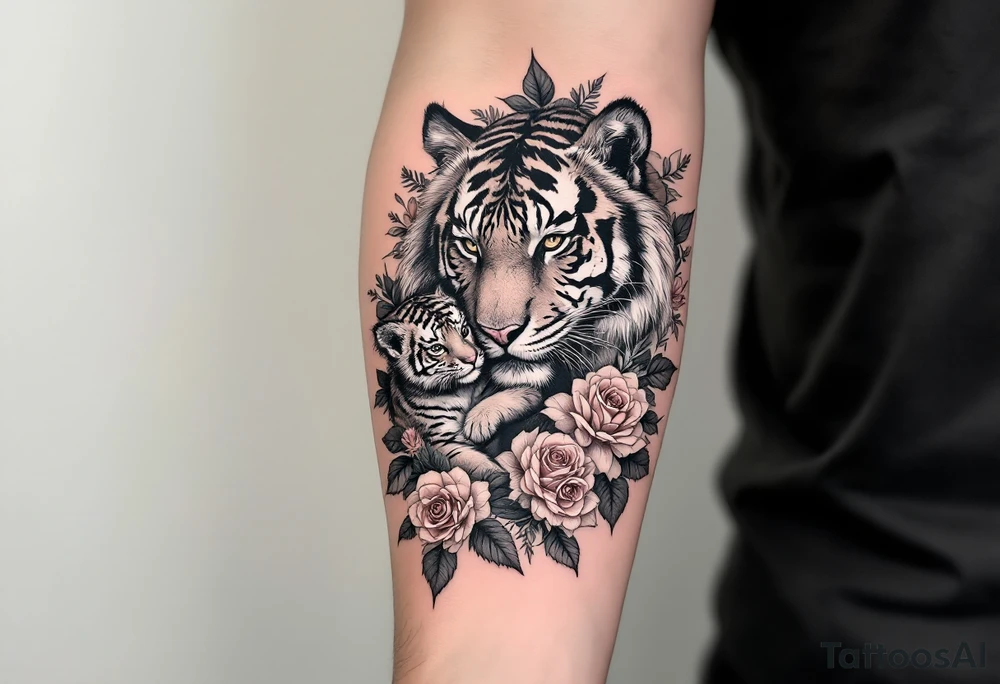 Beautiful, strong and fierce adult female tiger and her cub surrounded by roses and flowers with my daughters name “Zaya” half a sleeve on my arm tattoo idea