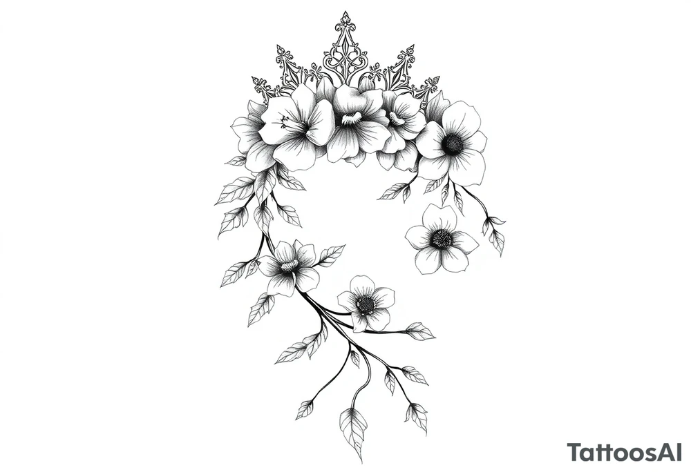 detailed beautiful gothic boho flowerson vine with gorgeous crown ornamental tattoo idea