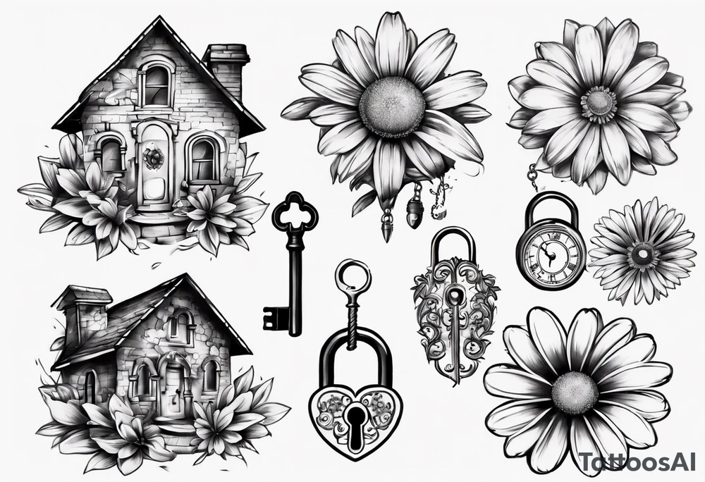 Daisy and house and lock key tattoo idea