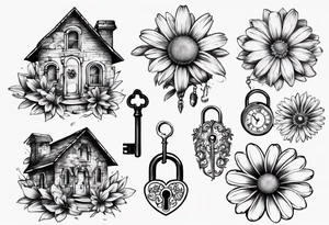 Daisy and house and lock key tattoo idea