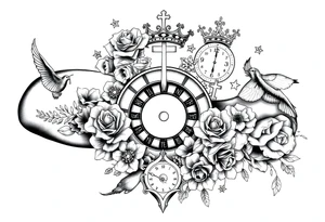 Roulette casino and princess and cross, baby angels, roses and clock and stars and fish, crown tattoo idea