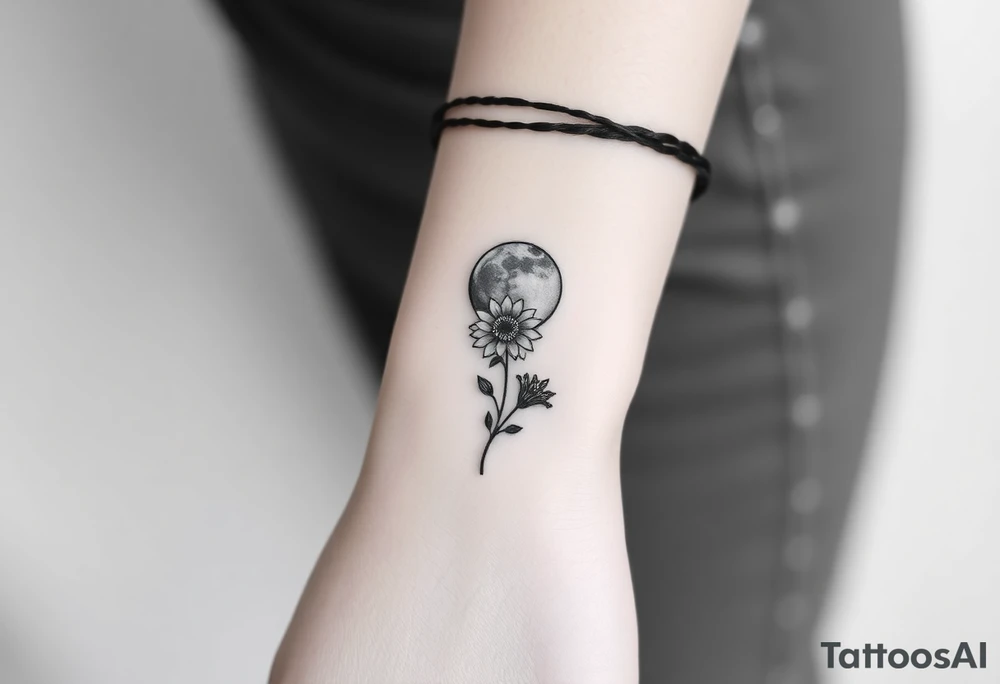 Small black ink minimalist tattoo with full moon, small chrysanthemum and tiny scorpio gliph tattoo idea