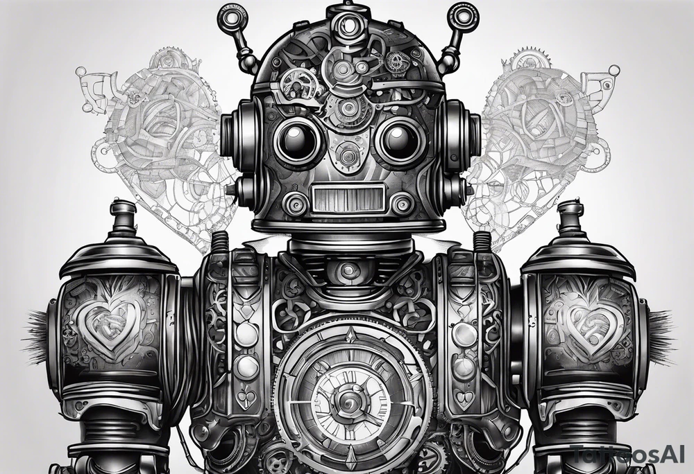 steampunk robot with a real heart tattoo idea