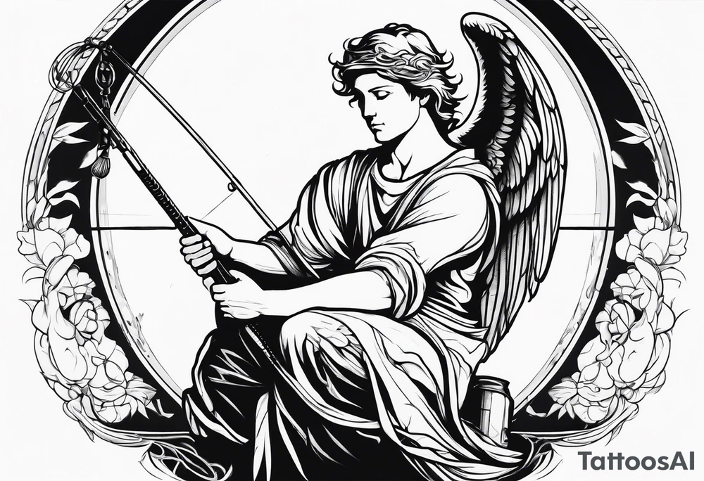 male angel with a halo sitting peacefully holding a modern fishing rod tattoo idea
