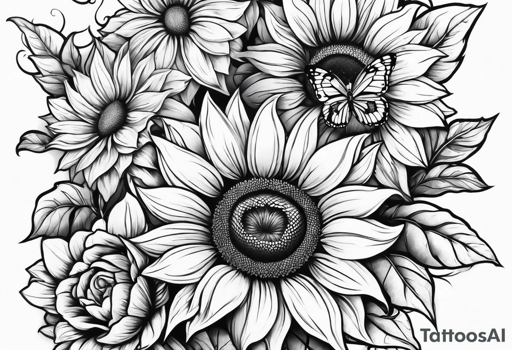 Sunflower and butterfly leg sleeve tattoo idea