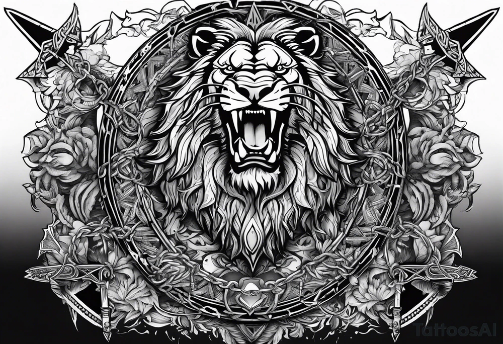 Valhalla sword shield  axe lion 
Valknut barbed wire chains tattoo idea