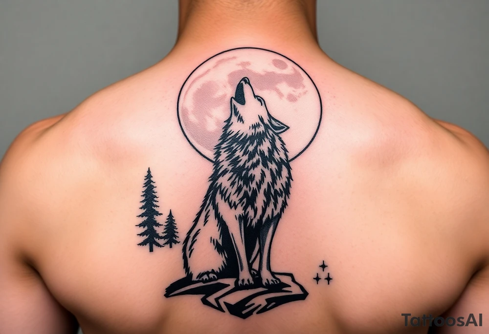 lone wolf howling at full moon with northern lights backdrop tattoo idea