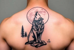 lone wolf howling at full moon with northern lights backdrop tattoo idea